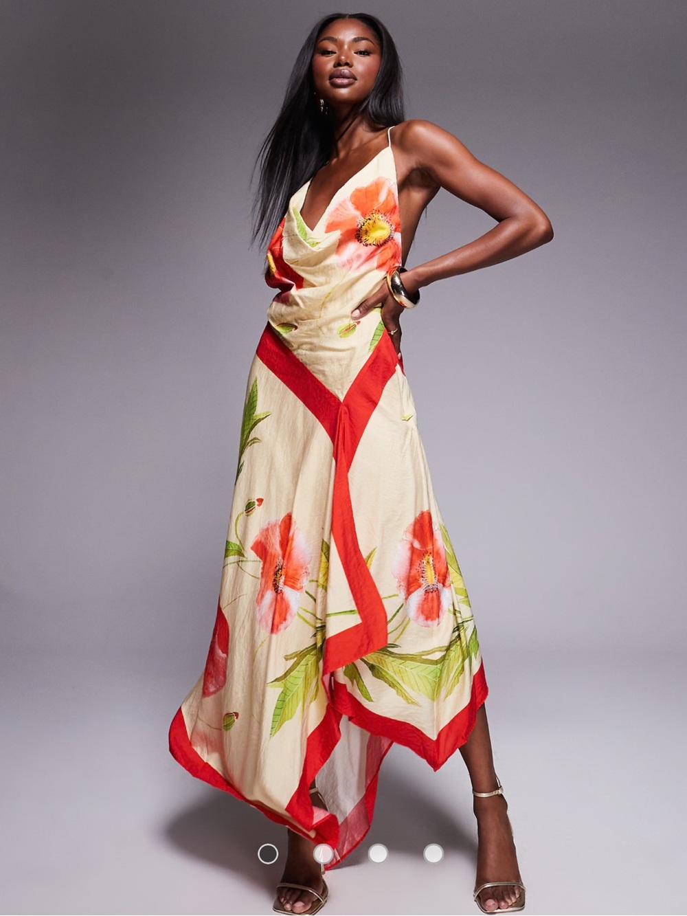 ASOS DESIGN deep cowl asymmetric open back maxi dress in scarf print